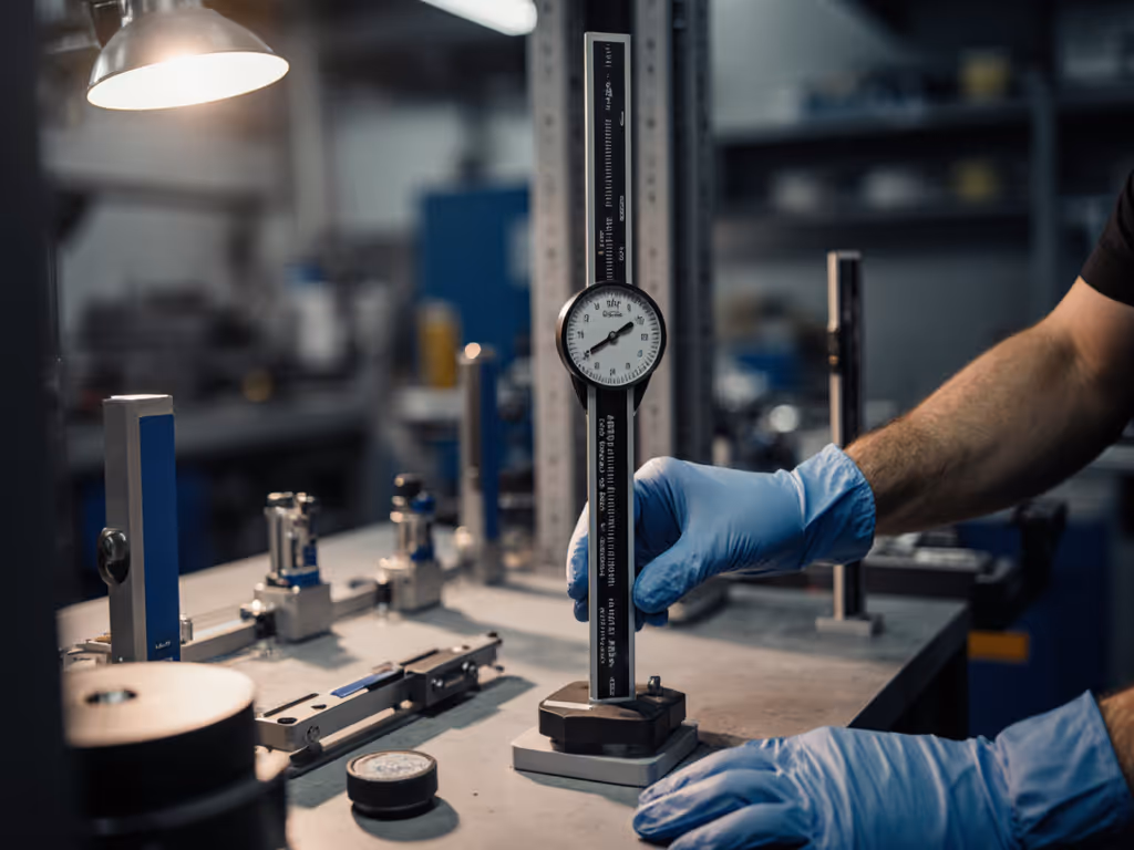 shop-floor_metrology_station_with_glove-wearing_technician_using_starrett_height_gage